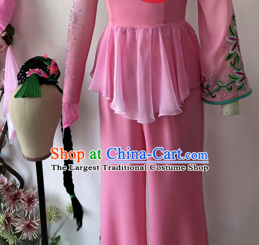 China Woman Group Dance Apparels Jiaozhou Yangko Dance Pink Uniforms Fan Dance Costumes Folk Dance Outfits
