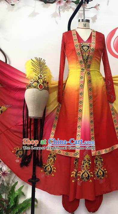 Chinese Uyghur Nationality Woman Dance Clothing Ethnic Dance Red Dress Uniforms Xinjiang Minority Performance Garment Costumes