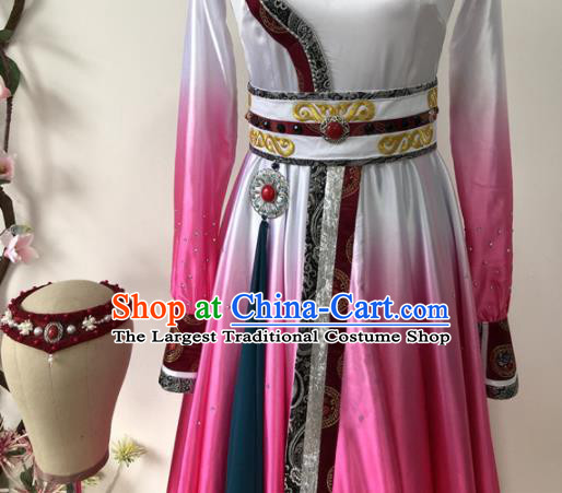 Chinese Ethnic Dance Rosy Dress Uniforms Mongolian Minority Performance Garment Costumes Mongol Nationality Woman Dance Clothing