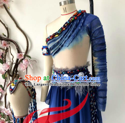 Chinese Ethnic Stage Performance Navy Dress Outfits Zang Nationality Folk Dance Costumes Tibetan National Minority Woman Clothing