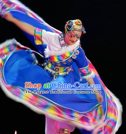 Chinese Zang Minority Performance Garment Costumes Tibetan Nationality Woman Dance Clothing Ethnic Dance Blue Dress Uniforms