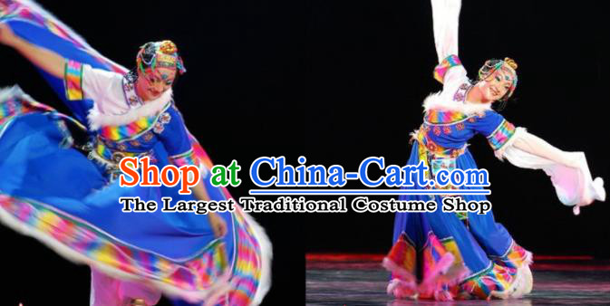 Chinese Zang Minority Performance Garment Costumes Tibetan Nationality Woman Dance Clothing Ethnic Dance Blue Dress Uniforms