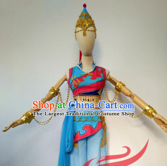 Chinese Ethnic Dance Blue Uniforms Mongol Minority Performance Garment Costumes Mongolian Nationality Female Solo Dance Clothing