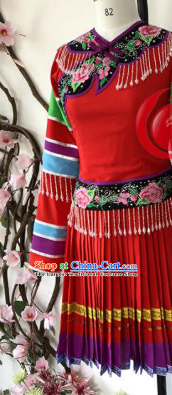 Chinese Dong Nationality Folk Dance Clothing Ethnic Female Group Dance Red Dress Uniforms Guizhou Minority Performance Wedding Garment Costumes