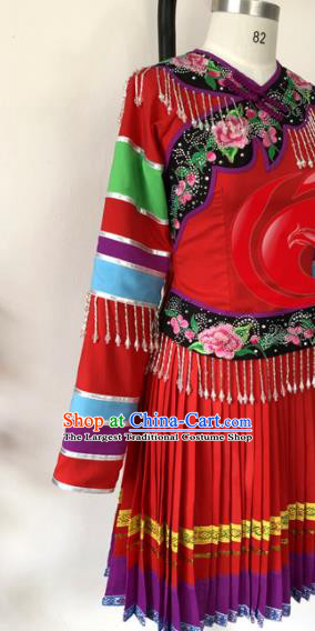 Chinese Dong Nationality Folk Dance Clothing Ethnic Female Group Dance Red Dress Uniforms Guizhou Minority Performance Wedding Garment Costumes