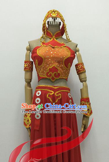 Chinese Mongolian Minority Performance Garment Costumes Mongol Nationality Folk Dance Clothing Ethnic Female Dance Red Dress Uniforms