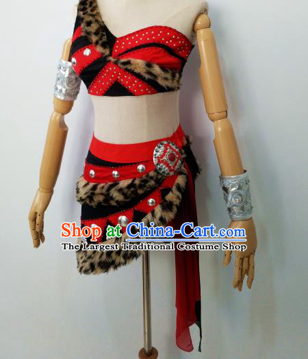 China Folk Dance Red Outfits Woman Group Dance Apparels Hunting Dance Uniforms Drum Dance Costumes