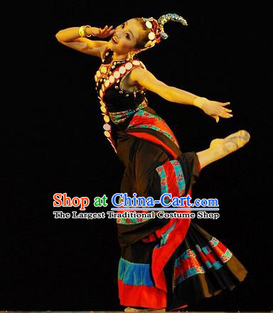 Chinese Ethnic Female Dance Black Dress Uniforms Zang Minority Performance Garment Costumes Tibetan Nationality Folk Dance Clothing