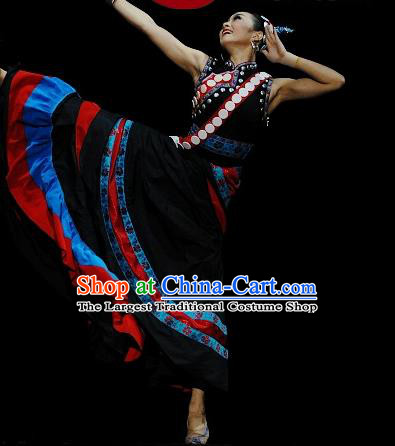 Chinese Ethnic Female Dance Black Dress Uniforms Zang Minority Performance Garment Costumes Tibetan Nationality Folk Dance Clothing