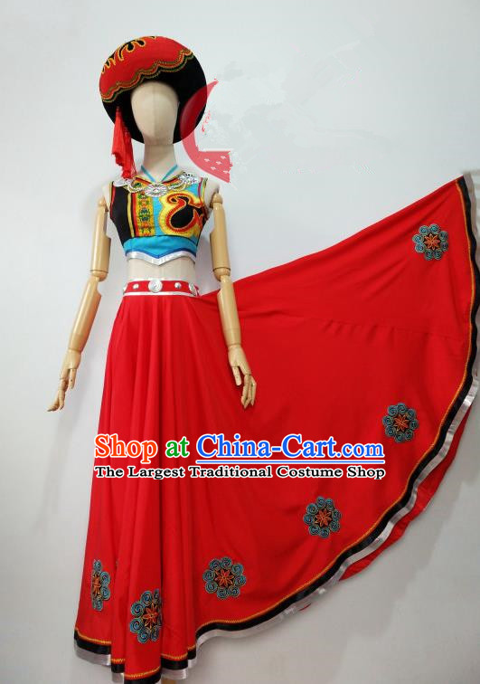 Chinese Yi Minority Performance Garment Costumes Xiangxi Nationality Female Wedding Clothing Ethnic Dance Red Dress Uniforms and Hat