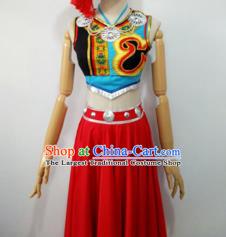 Chinese Yi Minority Performance Garment Costumes Xiangxi Nationality Female Wedding Clothing Ethnic Dance Red Dress Uniforms and Hat
