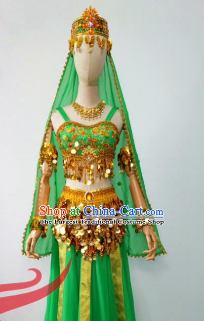 Chinese Uyghur Nationality Folk Dance Clothing Ethnic Female Dance Green Dress Uniforms Minority Arab Performance Garment Costumes