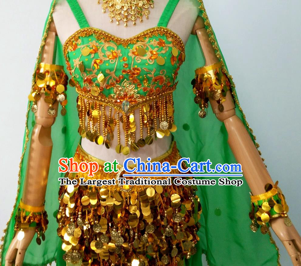 Chinese Uyghur Nationality Folk Dance Clothing Ethnic Female Dance Green Dress Uniforms Minority Arab Performance Garment Costumes
