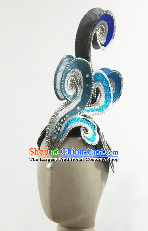 Top China Female Group Dance Blue Hair Crown Stage Performance Hat Headdress Classical Dance Hair Accessories