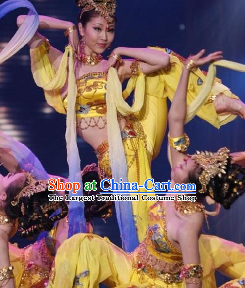 Chinese Stage Performance Flying Apsaras Yellow Outfits Female Group Dance Clothing Classical Dance Garment Costumes