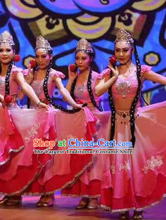 Chinese Ethnic Female Dance Pink Dress Uniforms Xinjiang Minority Performance Garment Costumes Uyghur Nationality Folk Dance Clothing