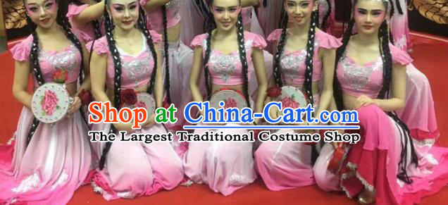 Chinese Ethnic Female Dance Pink Dress Uniforms Xinjiang Minority Performance Garment Costumes Uyghur Nationality Folk Dance Clothing