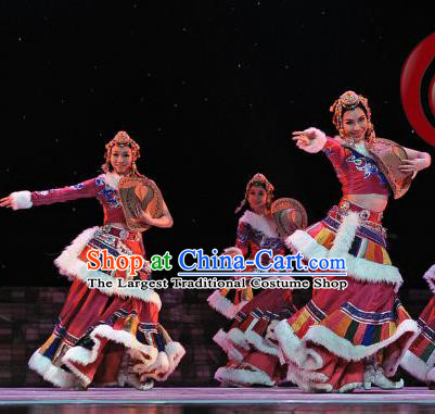 Chinese Zang Minority Performance Costumes Tibetan Nationality Folk Dance Clothing Ethnic Female Dance Pink Dress Uniforms