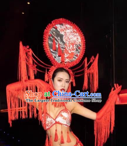 Custom China Stage Show Hair Accessories Catwalks Luxury Red Tassel Headdress Stage Performance Embroidered Hair Crown