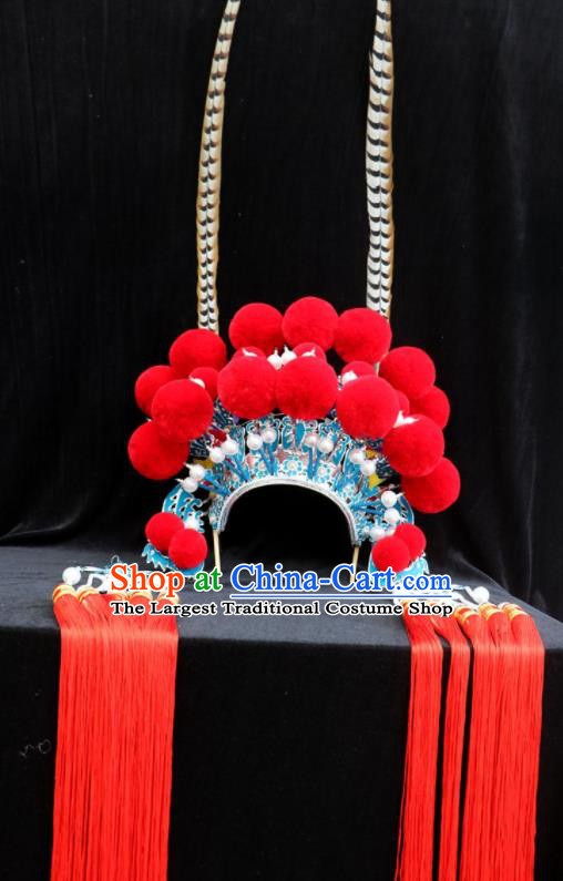 China Ancient Female General Hat Hair Accessories Peking Opera Mu Guiying Red Phoenix Coronet Beijing Opera Actress Headdress