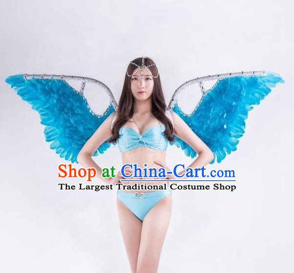 Custom Carnival Parade Accessories Miami Angel Catwalks Back Decorations Cosplay Fairy Blue Feathers Wings Halloween Performance Props Headdress