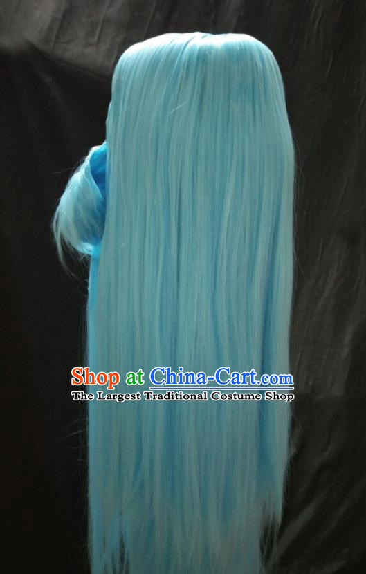 Handmade China Ancient Kawaler Blue Wigs Cosplay Swordsman Hairpieces Traditional Puppet Show Elderly Knight Headdress