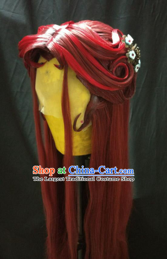 Chinese Cosplay Demon Princess Hair Accessories Traditional Puppet Show Swordswoman Red Wigs and Hair Sticks Ancient Heroine Hairpieces