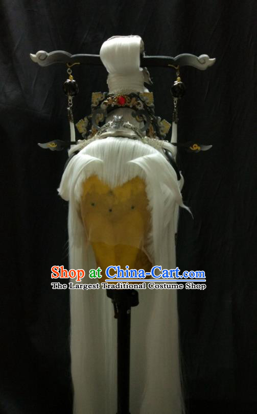 Handmade China Cosplay Immortal Hairpieces Traditional Puppet Show Jun Fengtian Headdress Ancient Taoist Priest White Wigs and Hair Crown