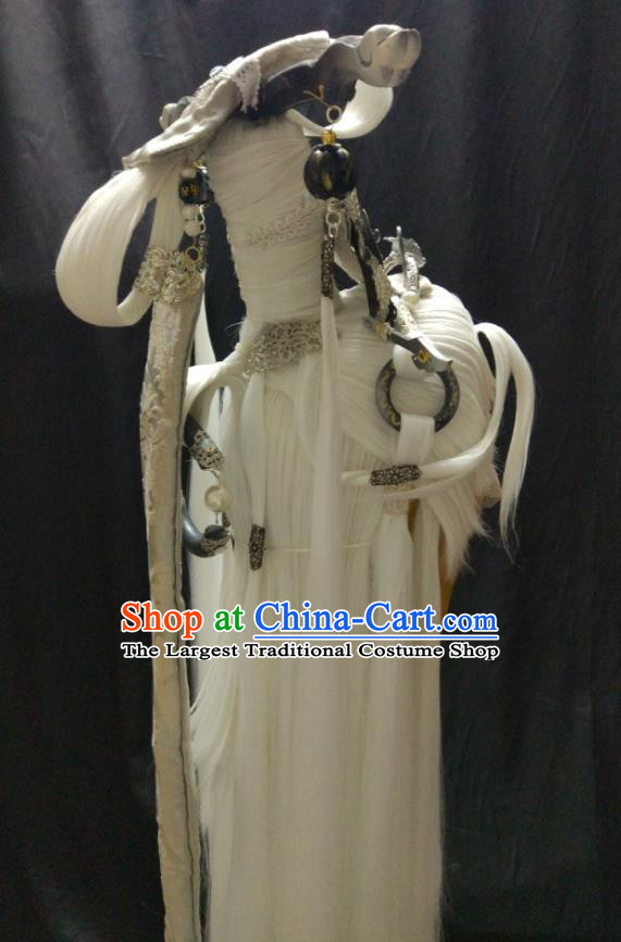 Handmade China Cosplay Immortal Hairpieces Traditional Puppet Show Jun Fengtian Headdress Ancient Taoist Priest White Wigs and Hair Crown