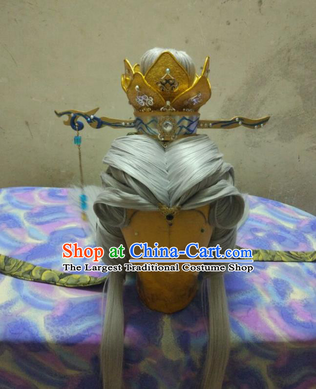 Handmade China Ancient Swordsman Gray Wigs and Lotus Hair Crown Cosplay Taoist Priest Hairpieces Traditional Puppet Show Su Huanzhen Headdress