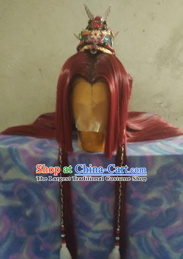 Handmade China Cosplay Young General Hairpieces Traditional Puppet Show Warrior Headdress Ancient Swordsman Red Wigs and Hair Crown