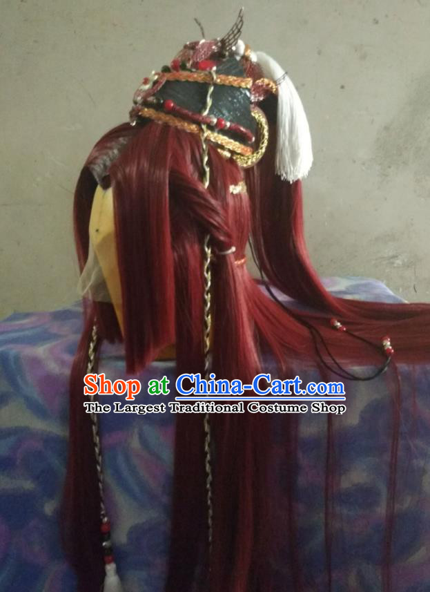 Handmade China Cosplay Young General Hairpieces Traditional Puppet Show Warrior Headdress Ancient Swordsman Red Wigs and Hair Crown