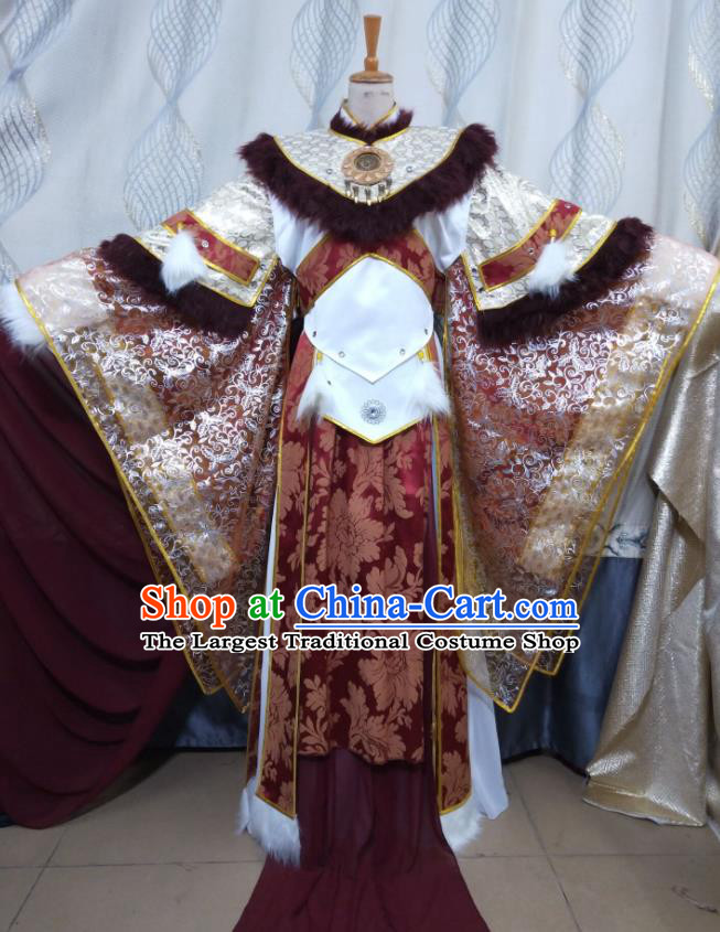 Chinese Traditional Cosplay Beijing King Clothing Puppet Show Swordsman Garment Costumes Ancient Emperor Wine Red Robe Uniforms