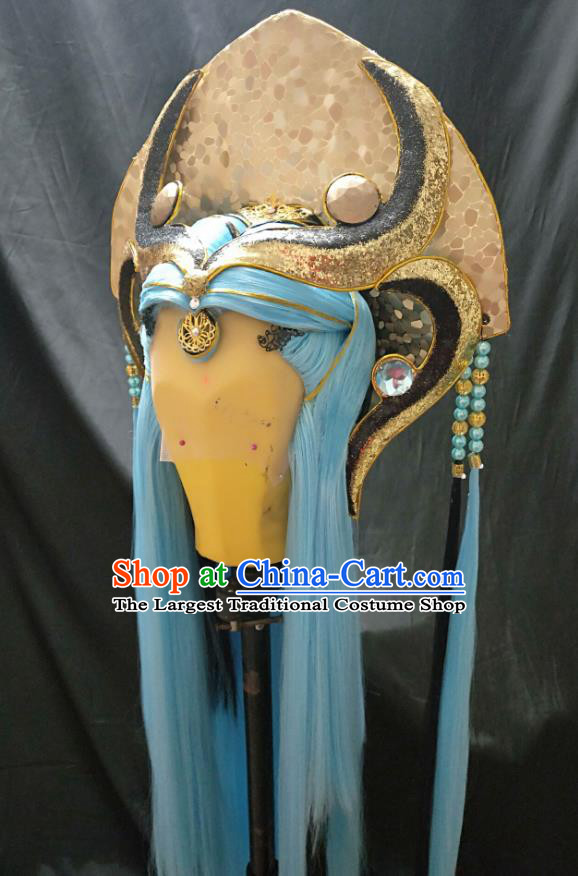 Handmade China Traditional Puppet Show Immortal Headdress Ancient Taoist Priest Blue Wigs and Hair Crown Cosplay Swordsman Hairpieces