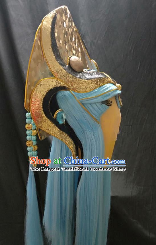 Handmade China Traditional Puppet Show Immortal Headdress Ancient Taoist Priest Blue Wigs and Hair Crown Cosplay Swordsman Hairpieces