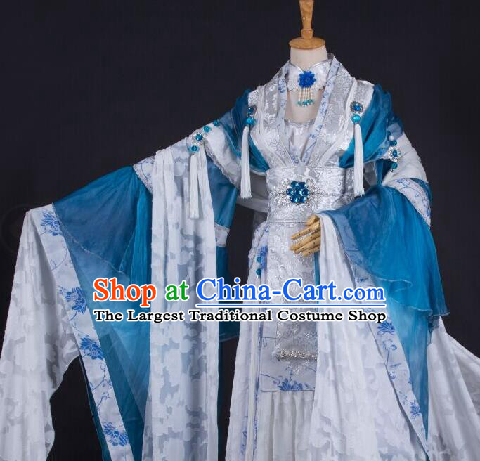 China Traditional Puppet Show Swordswoman Feng Cailing Garment Costumes Ancient Fairy Clothing Cosplay Princess Blue Dress Outfits