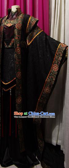 Chinese Ancient Noble King Black Robe Uniforms Traditional Cosplay Swordsman Clothing Puppet Show Emperor Shangguan Hongxin Garment Costumes