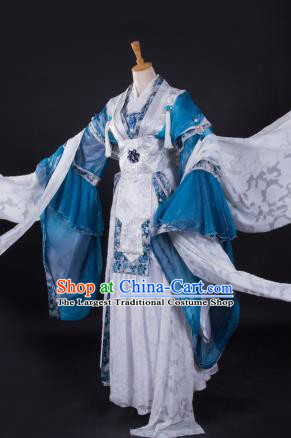 China Traditional Puppet Show Princess Feng Cailing Garment Costumes Ancient Swordswoman Clothing Cosplay Fairy Blue Dress Outfits