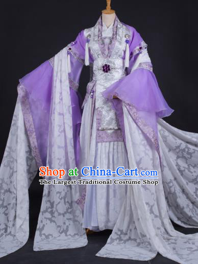 China Ancient Swordswoman Clothing Cosplay Fairy Purple Dress Outfits Traditional Puppet Show Princess Feng Cailing Garment Costumes