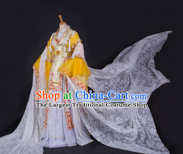 China Ancient Queen Clothing Cosplay Fairy Princess Yellow Dress Outfits Traditional Puppet Show Empress Feng Cailing Garment Costumes
