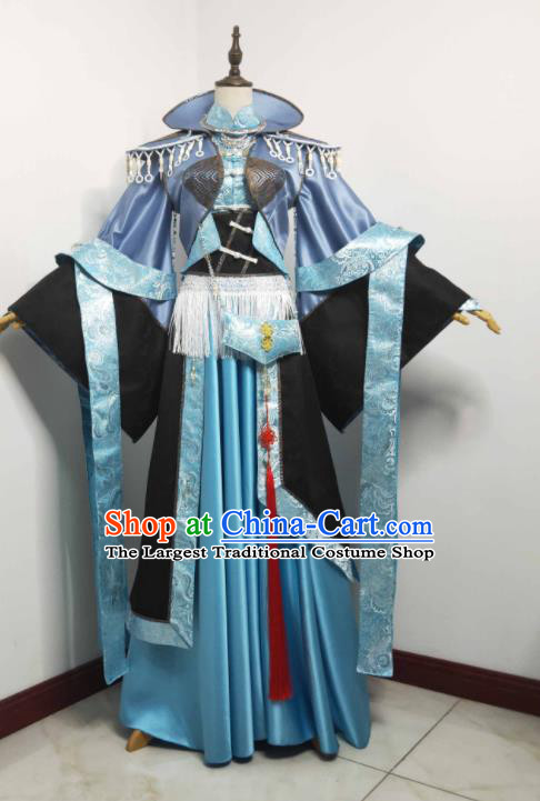 China Cosplay Young Beauty Blue Dress Outfits Traditional Puppet Show Swordswoman Garment Costumes Ancient Queen Clothing