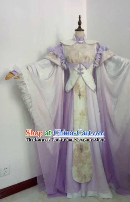 China Ancient Princess Clothing Cosplay Young Beauty Lilac Dress Outfits Traditional Puppet Show Goddess Garment Costumes