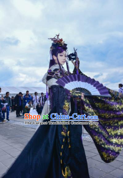 China Ancient Imperial Concubine Clothing Cosplay Queen Purple Dress Outfits Traditional Puppet Show Swordswoman Garment Costumes