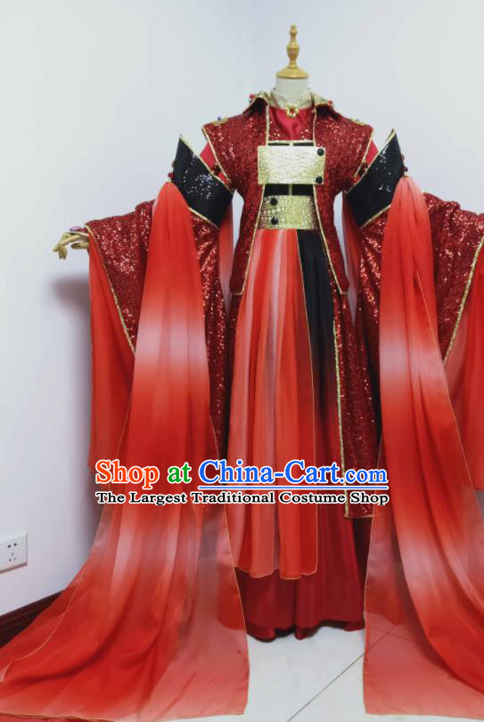 Chinese Ancient Demon King Red Uniforms Traditional Cosplay Swordsman Clothing Puppet Show Royal Highness Garment Costumes