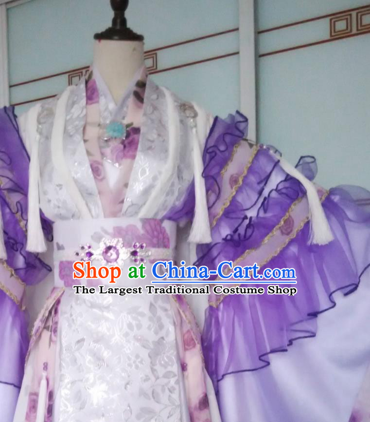 China Traditional Puppet Show Feng Cailing Garment Costumes Ancient Empress Clothing Cosplay Queen Water Sleeve Purple Dress Outfits