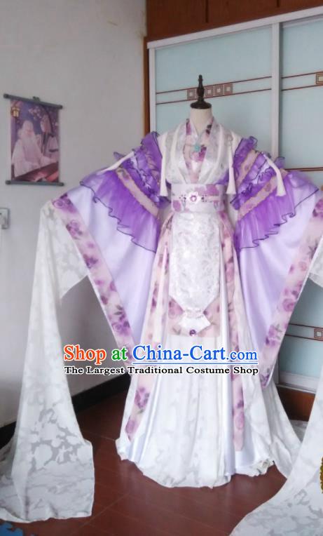 China Traditional Puppet Show Feng Cailing Garment Costumes Ancient Empress Clothing Cosplay Queen Water Sleeve Purple Dress Outfits