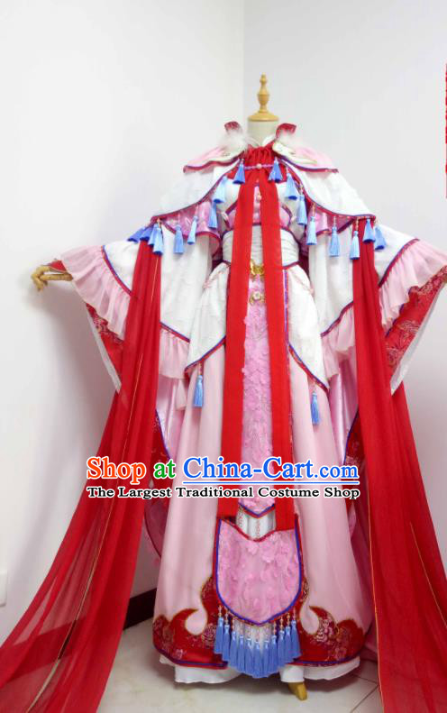 China Traditional Puppet Show Swordswoman Feng Cailing Garment Costumes Ancient Fairy Princess Clothing Cosplay Female Knight Pink Dress Outfits