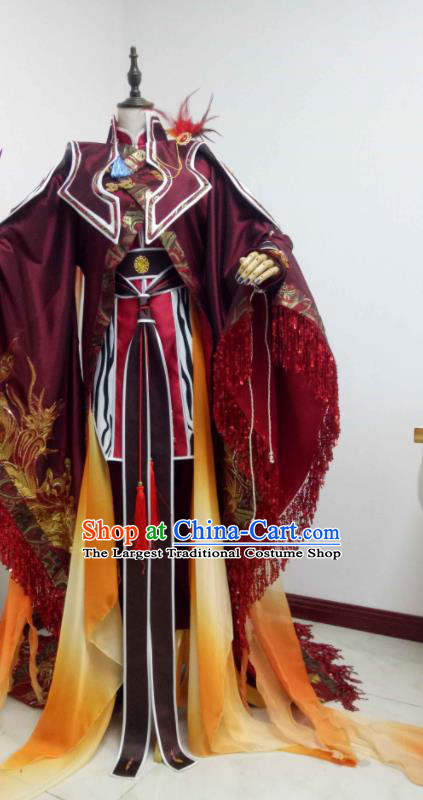 Chinese Ancient Swordsman Wine Red Uniforms Traditional Cosplay General Clothing Puppet Show King Lang Wuyao Garment Costumes