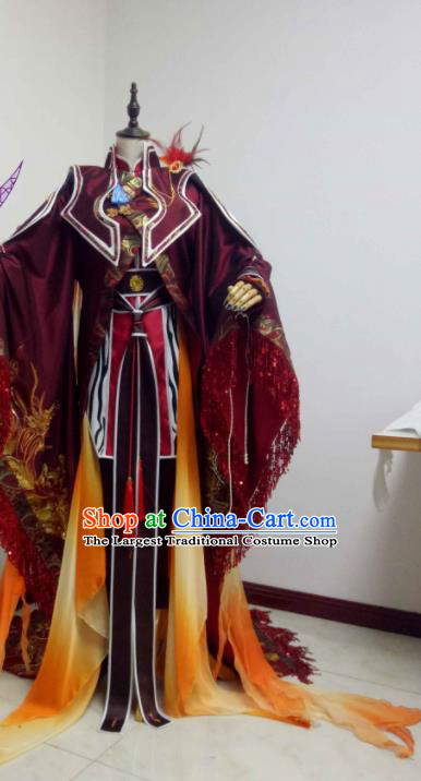 Chinese Ancient Swordsman Wine Red Uniforms Traditional Cosplay General Clothing Puppet Show King Lang Wuyao Garment Costumes