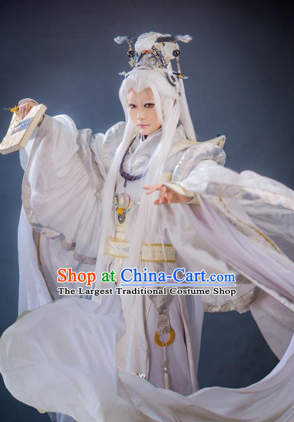 Chinese Ancient Swordsman White Uniforms Traditional Cosplay Young Childe Clothing Puppet Show Taoist Priest Jun Fengtian Garment Costumes